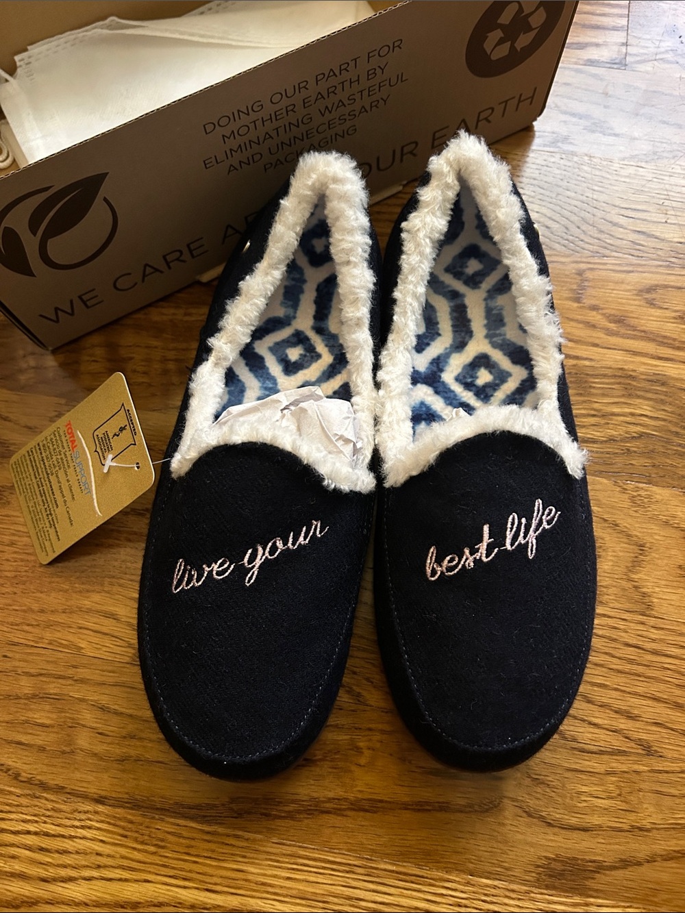 Women’s “Peacoat” Navy Faux-Fur Lined Slippers - 'Live Your Best Life'